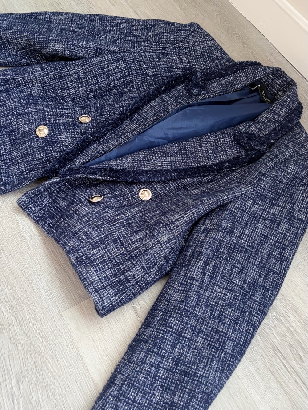 Zara Navy Blue Textured Double-Breasted Blazer